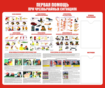 С19 Стенд первая помощь (при чрезвычайных ситуациях) (1200х1000 мм, карманы, пластик ПВХ 3 мм, алюминиевый багет серебряного цвета) - Стенды - Стенды по первой медицинской помощи - Строительный магазин