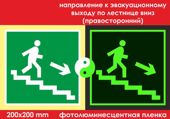 E13 направление к эвакуационному выходу по лестнице вниз (правосторонний) (ГОСТ 34428-2018, фотолюминесцентная пленка, 200х200 мм) - Знаки безопасности - Эвакуационные знаки - Строительный магазин