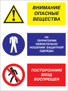Кз 16 внимание опасные вещества - на территории обязательно ношение защитной одежды, посторонним вход воспрещен. (пленка, 400х600 мм) - Знаки безопасности - Комбинированные знаки безопасности - Строительный магазин