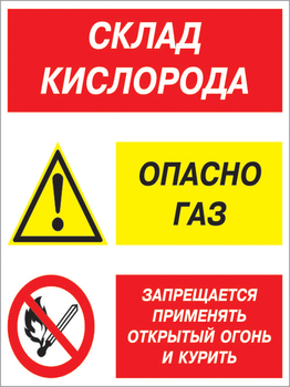 Кз 14 Склад кислорода. опасно газ - запрещается применять открытый огонь и курить. (пленка, 400х600 мм) - Знаки безопасности - Комбинированные знаки безопасности - Строительный магазин