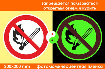 P02 запрещается пользоваться открытым огнем и курить (фотолюминесцентная пленка, 200х200 мм) - Знаки безопасности - Запрещающие знаки - Строительный магазин